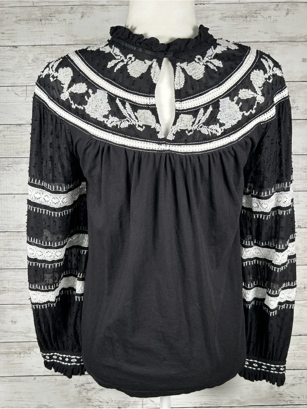 Anthropologie Maeve Winona Embroidered Lace Blouse Size S Black Boho Peasant